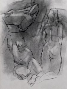 A page of several charcoal drawings of a nude woman.