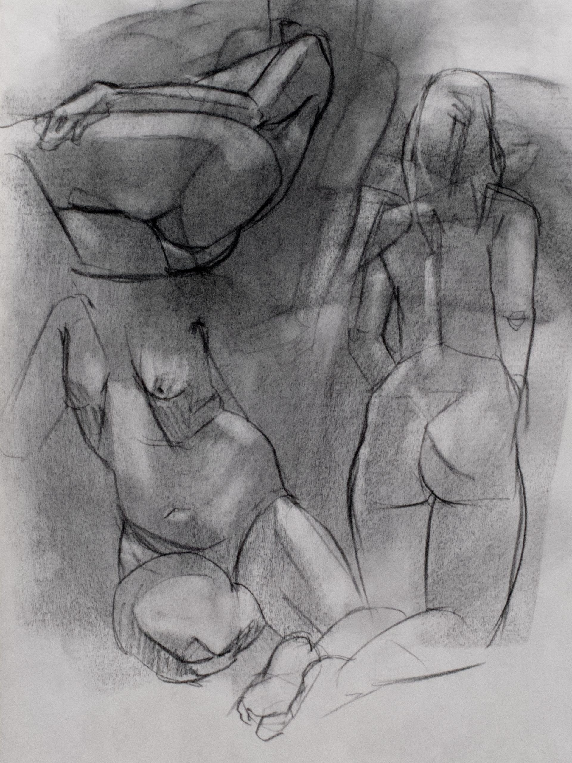 A page of several charcoal drawings of a nude woman.